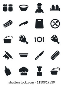 Set of vector isolated black icon - cook vector, cafe, hat, bacon, salt and pepper, ham, bowl, rolling pin, cutting board, knife, steaming pan