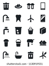 Set of vector isolated black icon - trash bin vector, shower, bucket, tooth, mobile, blank box, water supply, bathroom, serviette, filter, windmill