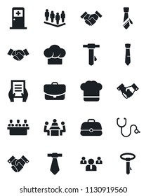 Set of vector isolated black icon - medical room vector, handshake, team, tie, document, stethoscope, meeting, cook hat, case