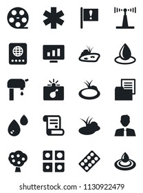 Set of vector isolated black icon - bomb in case vector, passport, statistic monitor, contract, water drop, pond, pills blister, ambulance star, important flag, folder document, reel, antenna
