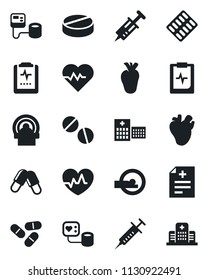 Set of vector isolated black icon - heart pulse vector, diagnosis, syringe, blood pressure, pills, blister, tomography, real, clipboard, hospital