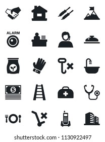 Set of vector isolated black icon - ladder vector, glove, fertilizer, doctor case, stethoscope, office phone, support, no trolley, hook, manager desk, house, bathroom, cafe, reception, kebab, cash
