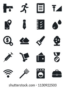 Set of vector isolated black icon - medal vector, tie, farm fork, saw, drip irrigation, syringe, run, mobile tracking, clipboard, cargo, cellular signal, checklist, fruit tree, wireless, serviette