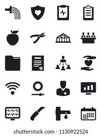 Set of vector isolated black icon - statistic monitor vector, watering, pruner, garden knife, greenhouse, drip irrigation, pulse, heart shield, hand, clipboard, doctor, folder, brightness, meeting