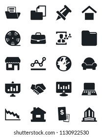 Set of vector isolated black icon - case vector, notebook pc, drawing pin, statistic monitor, folder document, warehouse storage, reel, hr, point graph, house, cushioned furniture, handshake, earth