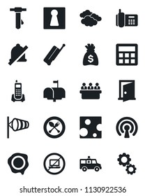 Set of vector isolated black icon - suitcase vector, spoon and fork, no laptop, female, clouds, wind, tie, money bag, meeting, stamp, ambulance car, office phone, calculator, mute, mailbox, cheese