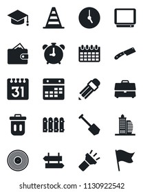 Set of vector isolated black icon - alarm clock vector, signpost, border cone, graduate, calendar, job, vinyl, tv, torch, case, pencil, fence, office building, knife, trash bin, wallet, flag