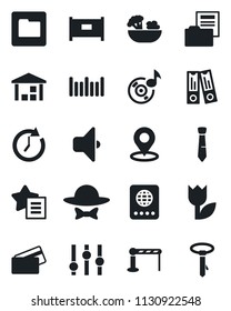 Set of vector isolated black icon - fence vector, barrier, passport, office binder, tulip, warehouse, barcode, settings, favorites list, folder, place tag, music, document, tie, salad, dress code
