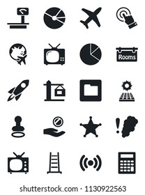 Set of vector isolated black icon - stamp vector, plane globe, ladder, heavy scales, touch screen, folder, pie graph, sun panel, rooms, tv, crane, wireless, smoke detector, police, rocket