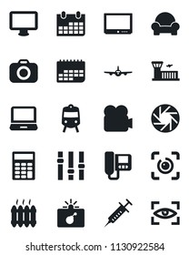 Set of vector isolated black icon - train vector, bomb in case, plane, airport building, calendar, syringe, term, camera, settings, tv, video, monitor, laptop pc, mobile, eye id, calculator, heater