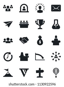 Set of vector isolated black icon - reception vector, hierarchy, team, meeting, manager place, group, shining head, motivation, handshake, money bag, clock, pennon, crisis, flask, paper plane, mail