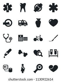 Set of vector isolated black icon - stethoscope vector, blood pressure, test vial, dropper, heart diagnostic, scalpel, tomography, ambulance star, car, bike, real, caries, joint, broken bone