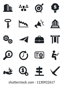Set of vector isolated black icon - target vector, consumer search, group, gear, palm sproute, clock, pennon, crisis, money, case, paper plane, certificate, advertising, man with notebook, tie, tree