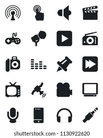Set of vector isolated black icon - clapboard vector, camera, microphone, radio, antenna, satellite, speaker, tv, gamepad, equalizer, video, cell phone, touch screen, headphones, paper pin