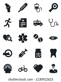 Set of vector isolated black icon - heart vector, diagnosis, stethoscope, syringe, dropper, thermometer, diagnostic, pills, bottle, tomography, ambulance star, car, bike, run, tooth, eye, joint