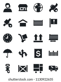 Set of vector isolated black icon - route vector, earth, important flag, store, satellite, support, truck trailer, cargo container, clock, receipt, consolidated, umbrella, warehouse storage, no hook