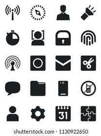 Set of vector isolated black icon - antenna vector, no mobile, phone back, message, settings, user, stopwatch, mail, record, folder, calendar, torch, cut, compass, lock, face id, fingerprint