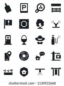 Set of vector isolated black icon - parking vector, medical room, tree, seedling, garden sprayer, important flag, mobile tracking, vinyl, record, crane, estate insurance, egg stand, dress code