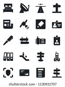 Set of vector isolated black icon - runway vector, satellite antenna, escalator, signpost, identity card, pen, document, office phone, mail, notes, face id, news, paper binder, bedroom, guidepost