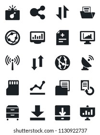 Set of vector isolated black icon - antenna vector, bomb in case, document reload, diagnosis, folder, satellite, network, sd, data exchange, download, monitor statistics, point graph, archive box