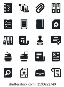 Set of vector isolated black icon - stamp vector, contract, office binder, document search, notepad, receipt, news, case, paper clip, checklist, archive box, copier, estate, certificate