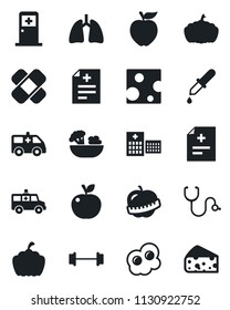 Set of vector isolated black icon - medical room vector, pumpkin, diagnosis, stethoscope, dropper, patch, ambulance car, barbell, lungs, diet, hospital, salad, omelette, apple fruit, cheese