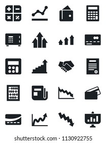 Set of vector isolated black icon - credit card vector, safe, growth statistic, calculator, abacus, crisis graph, news, point, contract, arrow up, handshake, wallet, presentation