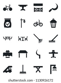 Set of vector isolated black icon - cafe vector, ladder car, rake, sickle, garden light, picnic table, fertilizer, bike, restaurant, alcove, outdoor lamp