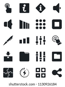 Set of vector isolated black icon - package vector, sorting, settings, touch screen, stop button, menu, folder, charge, application, pen, sound, information, social media