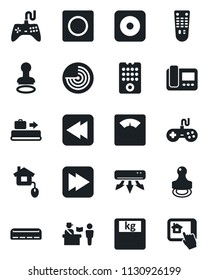 Set of vector isolated black icon - baggage conveyor vector, passport control, stamp, radar, scales, gamepad, remote, fast forward, rewind, rec button, record, air conditioner, home, intercome, app
