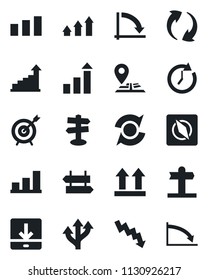 Set of vector isolated black icon - signpost vector, growth statistic, crisis graph, route, navigation, up side sign, sorting, update, download, compass, bar, target, arrow, clock