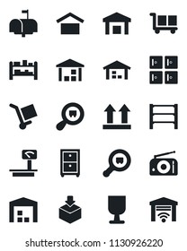 Set of vector isolated black icon - checkroom vector, fragile, cargo, warehouse storage, up side sign, package, heavy scales, search, rack, radio, archive box, mailbox, garage gate control