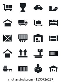 Set of vector isolated black icon - baggage trolley vector, sea shipping, truck trailer, cargo container, car delivery, port, fragile, warehouse storage, up side sign, package, heavy scales, rack