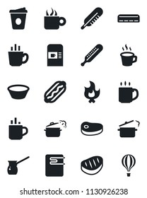 Set of vector isolated black icon - hot cup vector, coffee machine, fire, thermometer, air conditioner, steak, dog, bowl, steaming pan, turkish, water heater, balloon
