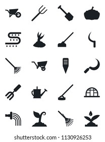 Set of vector isolated black icon - job vector, garden fork, farm, rake, watering can, wheelbarrow, sproute, hoe, sickle, plant label, pumpkin, greenhouse, drip irrigation