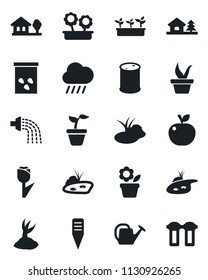 Set of vector isolated black icon - flower in pot vector, seedling, watering can, sproute, rain, plant label, seeds, pond, tulip, oil barrel, house with tree, apple fruit, water filter