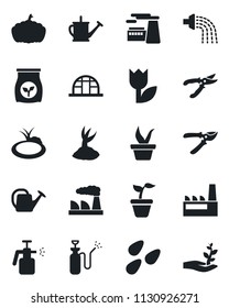 Set of vector isolated black icon - factory vector, seedling, watering can, sproute, pruner, pumpkin, greenhouse, seeds, pond, garden sprayer, fertilizer, tulip, palm