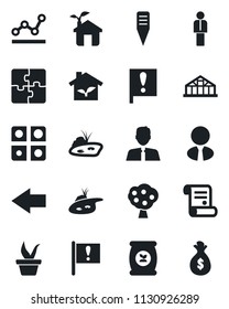 Set of vector isolated black icon - left arrow vector, manager, contract, seedling, plant label, greenhouse, fertilizer, important flag, application, point graph, pond, fruit tree, estate agent