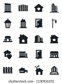 Set of vector isolated black icon - fence vector, house, garden light, with garage, office building, sweet home, city, cafe, eco, door