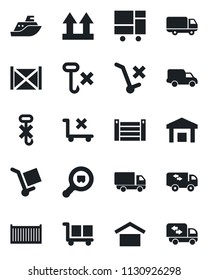 Set of vector isolated black icon - sea shipping vector, cargo container, car delivery, consolidated, warehouse storage, up side sign, no trolley, hook, search, moving