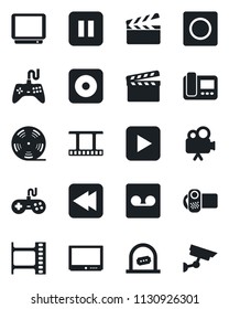 Set of vector isolated black icon - ticket office vector, clapboard, film frame, reel, gamepad, tv, video camera, play button, pause, rewind, rec, record, intercome, surveillance