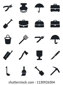 Set of vector isolated black icon - suitcase vector, job, shovel, farm fork, bucket, pruner, axe, scalpel, fragile, umbrella, themes, case, stamp, ladle, hard work