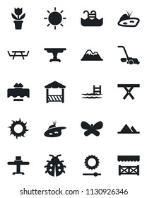 Set of vector isolated black icon - flower in pot vector, lawn mower, butterfly, lady bug, sun, picnic table, brightness, pond, pool, mountains, restaurant, alcove