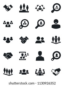 Set of vector isolated black icon - handshake vector, pedestal, team, patient, group, user, hr, meeting, company, client search, consumer