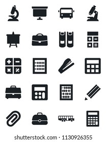 Set of vector isolated black icon - airport bus vector, book, calculator, abacus, presentation board, microscope, case, paper clip, pencil, stapler
