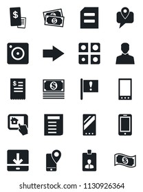 Set of vector isolated black icon - right arrow vector, mobile phone, identity card, document, important flag, cash, tracking, camera, user, download, application, restaurant receipt