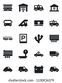 Set of vector isolated black icon - airport bus vector, parking, alarm car, ladder, ambulance, route, railroad, truck trailer, delivery, heavy scales, garage gate control, battery