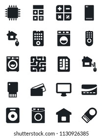 Set of vector isolated black icon - calculator vector, monitor, speaker, phone back, sim, washer, smart home, credit card, control, chip, remote, usb flash