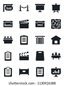 Set of vector isolated black icon - fence vector, flight table, presentation board, meeting, clipboard, clapboard, sale, rooms, sold signboard, smart home, cutting, chip