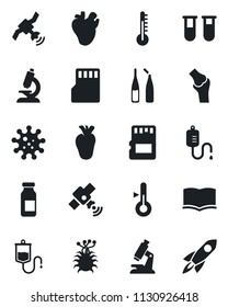 Set of vector isolated black icon - book vector, blood test vial, dropper, microscope, ampoule, real heart, joint, virus, satellite, sd, thermometer, rocket